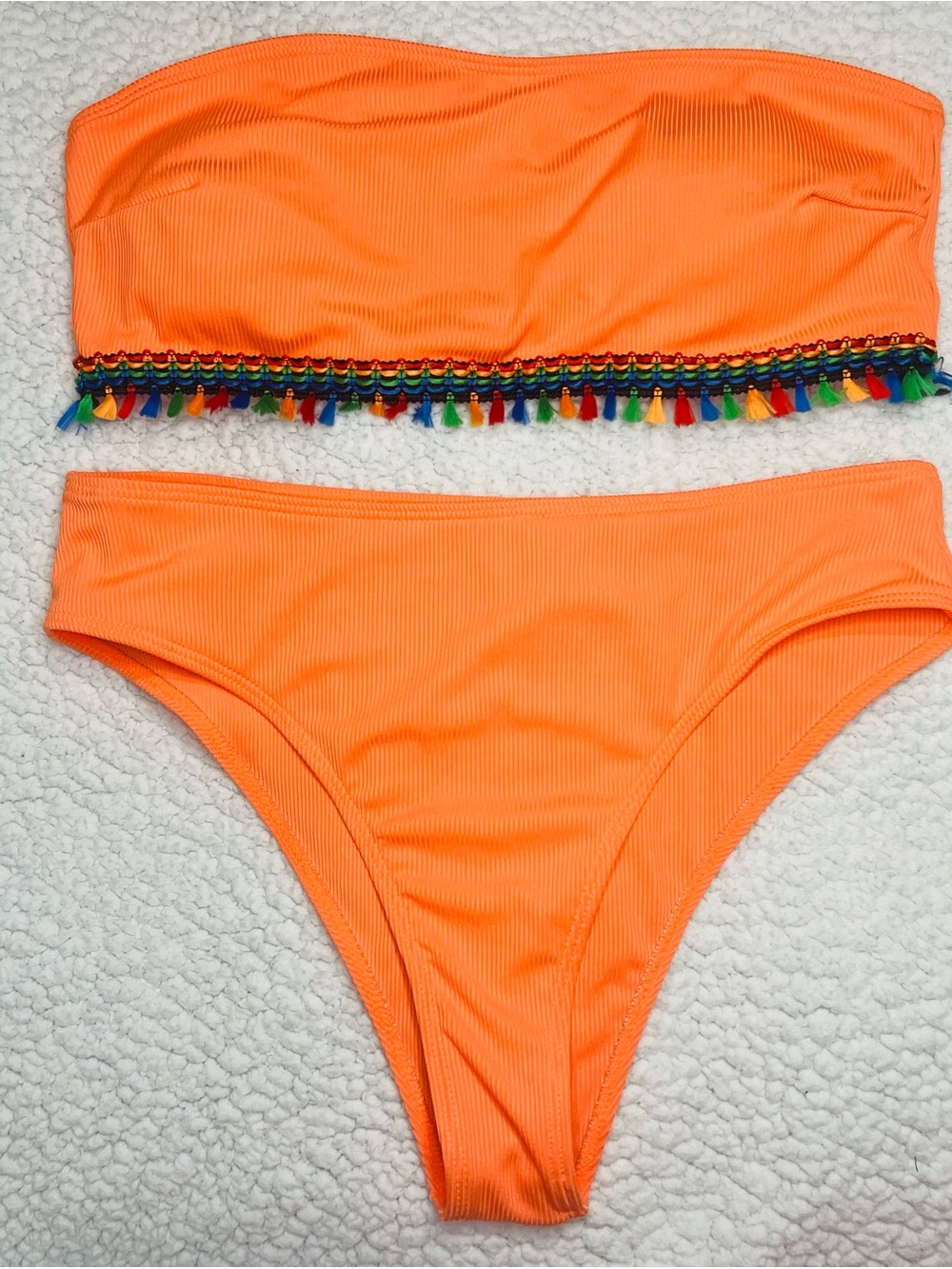 Orange Bikini Set with Rainbow Tassel Trim